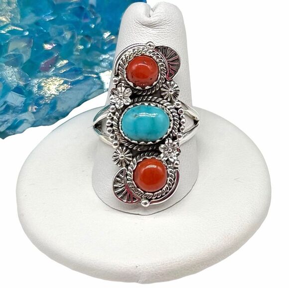 Handmade Turquoise & Red Coral 925 Sterling Silver Statement  Kingman Turquoise & Red Italian Coral Ring Size 9 Solid 925 Sterling Silver